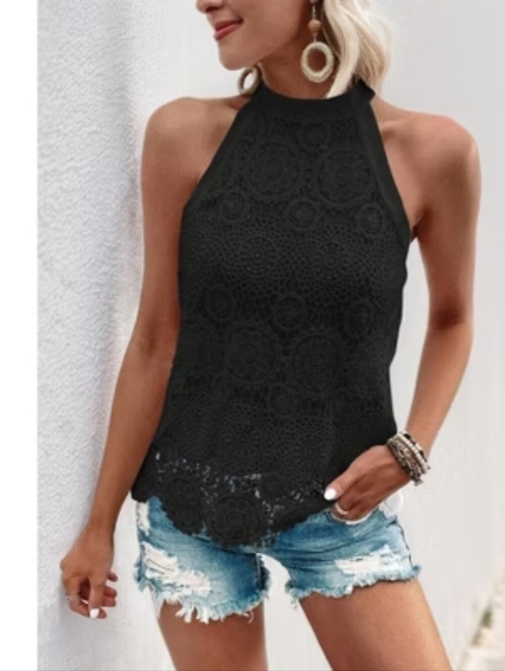 INC International Concepts Women's Lace Halter Peplum Top Navy SZ  PL